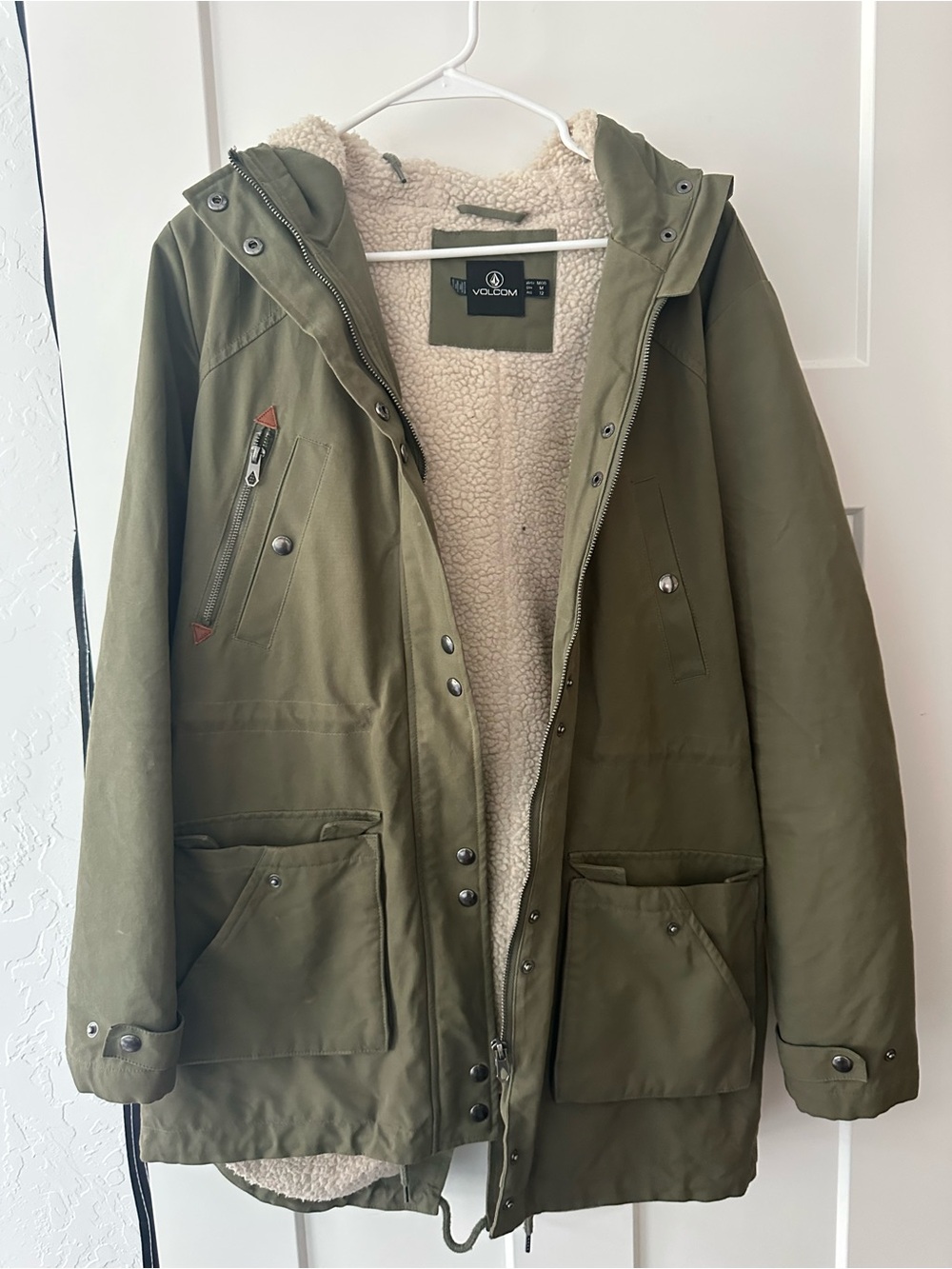 Volcom Olive Green Sherpa Lined Jacket with Cream Fleece Interior